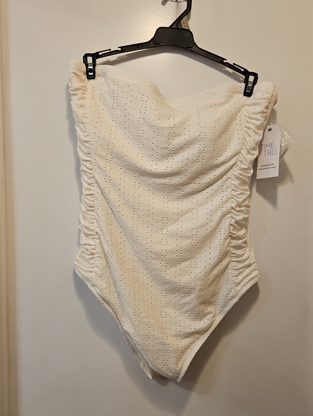 Time and Tru Cream Eyelet Ruched One-Piece Swimsuit